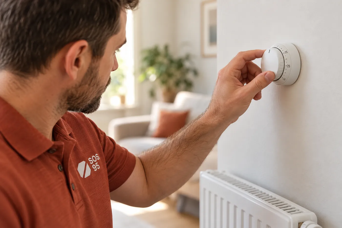 Réglage d'un thermostat d'ambiance mural par un chauffagiste de SOS 95